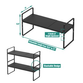 SUZLON Expandable Cabinet Shelf Organizer Rack, Stackable Kitchen Counter Storage Shelves Stand, Adjustable Height Pantry Shelf Spice Rack, Heavy Duty Nonslip Black Small 1Pack