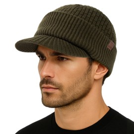 TOP-EX PolarWool™ XL/XXL 50% Merino Wool Peaked Beanie Hat Men Large Head with Fleece Lined, Winter Warm Golf Visor Beanie Hat Windproof for Golf Fishing, Olive Green