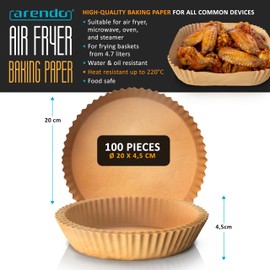 Air Fryer Parchment Paper Liner, Baking Parchment Air Fryer Liners, 100 Pcs Round Liners Disposable 20 x 20 x 4.5 cm, Water & Greaseproof for Fryer, for Airfryer Ovens, Microwaves, Steam Cookers