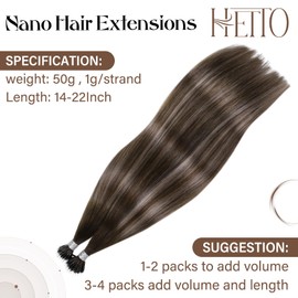 Hetto Human Hair Nano Beads Hair Extensions 20 Inch Balayage Brown Nano Ring Hair Extensions Real Human Hair Nano Extensions Human Hair Dark Brown to Blonde Natural Straight Silky 50s/50g