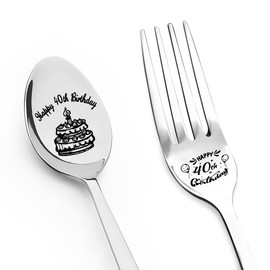 40th Birthday Gifts for Dad Mom Happy Birthday Fork Spoon for Husband Wife 40 Yrs Old Bday Gift for Friends Engraved Spoons for Sister Brother 40 Year Old Bday Presents for Uncle Aunt