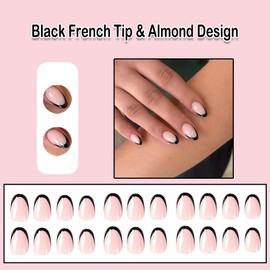 ANDGING Black French Tip Press on Nails Almond Short Fake Nails with Glue Acrylic Glue on Nails with Designs Gel Classy Manicure False Nail for Women Girls Stick ons Nails for Wedding Birthday DKL88