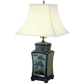 Red Lantern 25" Blue & White Chinese Calligraphy Porcelain Lamp