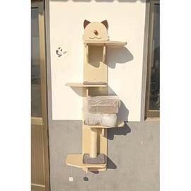 Wall-Mounted Cat Tree, 4-Tier Climbing Tower with Scratching Post, Beige Cat-Face Design