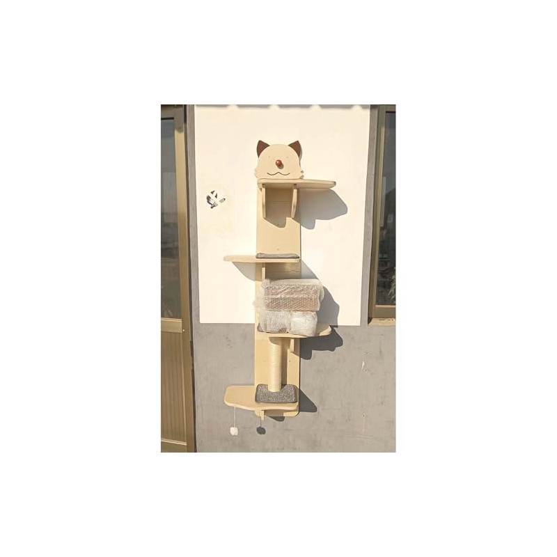 Wall-Mounted Cat Tree, 4-Tier Climbing Tower with Scratching Post, Beige