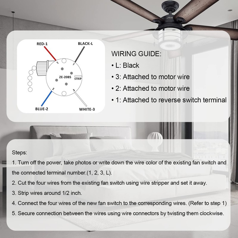 with 4 Pre-Installed Wires Ceiling Fan Switch, 3 Speed Fan