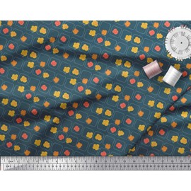 Soimoi Blue Velvet Fabric Square & Floral Artistic Decor Fabric Printed BTY 58 Inch Wide