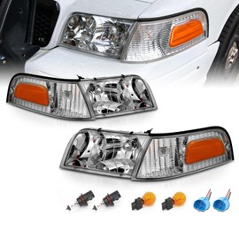 AmeriLite for 1998-2011 Ford Crown Victoria Black Replacement Corner Signal Headlights Lamps Pair - Passenger and Driver Side
