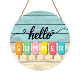 Anyako Hello Summer Door Sign For Front Door Decor,Colorful Popsicle Wooden Sign 12"x 12" Round Hanging Door Sign Decoration for Wall Rustic Decor