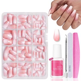 Nail Tips Set - 240 Pieces French False Nails for Sticking - White Pink Gradient Design Nail Tips Full Cover Fake Nails Soft Gel Natural & Comfortable to Wear (Pink Short Ballerina)