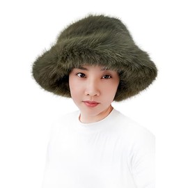 Lina & Lily Oversized Winter Faux Fur Bucket Hat for Women - Long Pile Fur Wide Moldable Brim (Army Green)