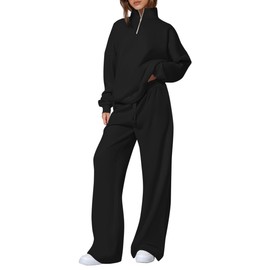 PRETTYGARDEN Womens Casual Two Piece Sets Fall 2025 Outfits Quarter Zip Sweatshirts Straight Leg Pants Sweatsuits Tracksuit (Black,Medium)