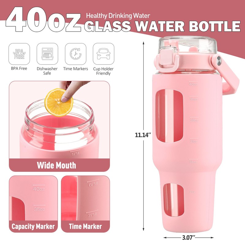 BLUEGO 40oz Glass Tumbler with Lid and Straw, Glass Water