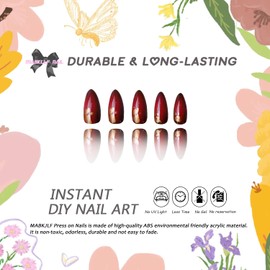 Press on Nails Short Almond MABKJLF Wine Red Fake Nails False Nails with Designs Gold Foil Gradient Full Cover Glossy Glue on Nails Acrylic Nails Stick on Nails for Women Girls 24 Pcs