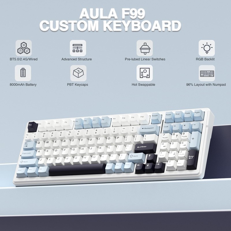 AULA F99 Wireless Mechanical Keyboard, Hot Swappable Custom Keyboard,Pre-lubed Linear