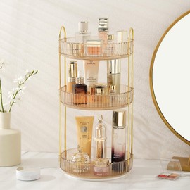 Aveniee 360 Rotating Makeup Organizer for Vanity, Skincare Make Up Organizers Large, Clear Bathroom Counter Organizer for Cosmetics, Lipsticks, Spinning Bathroom Organizer Shelf Holder(3 Tiers, Gold)