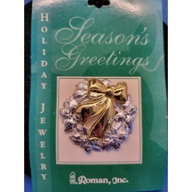 Roman Brooch Pin Silver Wreath with Gold Bow by Roman Inc 2 Inches 050