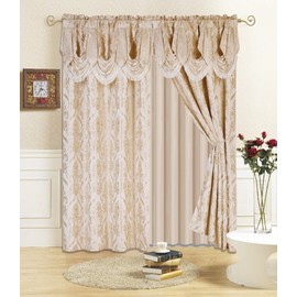 All American Collection New 4 Piece Drape Set with Attached Valance and Sheer with 2 Tie Backs Included (63" Length, Beige)