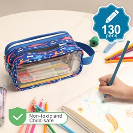 Bagseri Clear Pencil Case for Kids - Large Pencil Case for Boys with Handle Transparent Cute Big Pencil Pouches Zipper Pencil Bags for School (Blue Dinasour)