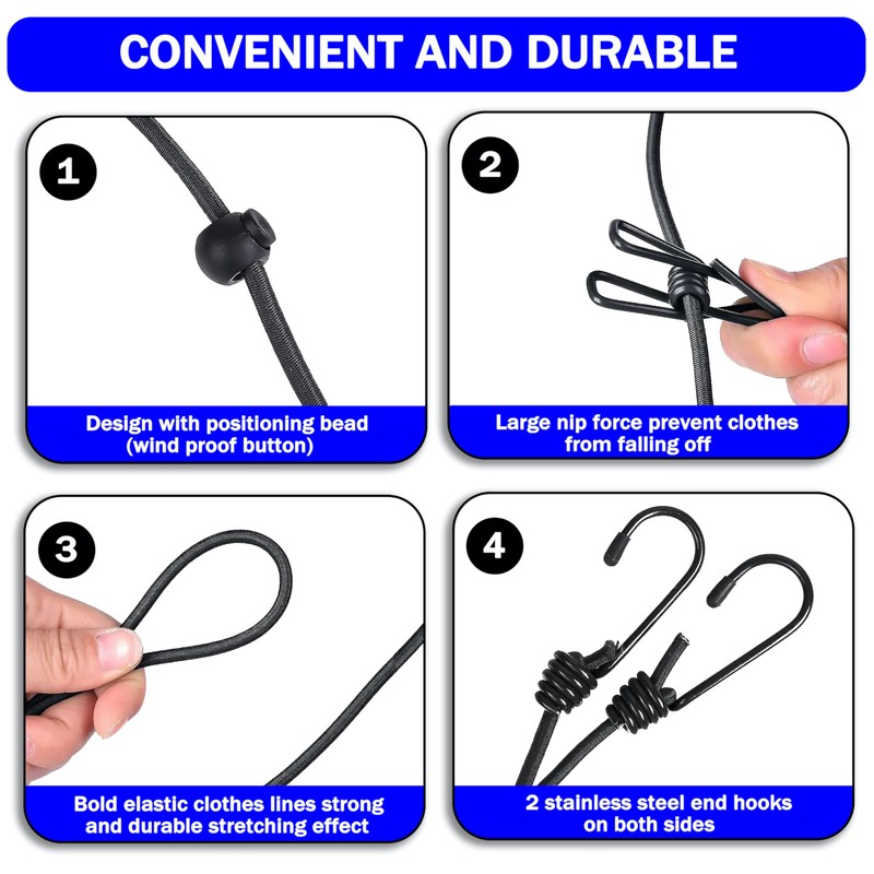 Portable Clothesline with 12 Clothespins, [2 Pack] Gvtech Windproof Travel