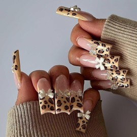DANMANR Bow Fake Acrylic Nails Long French Press on Pink Nails Full Cover Square Leopard Fake Nails for Women and Girls 24PCS
