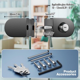 Ranbo Frameless Double-Sided Glass Door Lock,Clamp-On No-Drill,304 Stainless Steel,for 3/8"–1/2"(10-12mm) Swing Door,for Office,Storefront,3 Keys,Brushed Black—Double Swing Doors Floor Lock Required