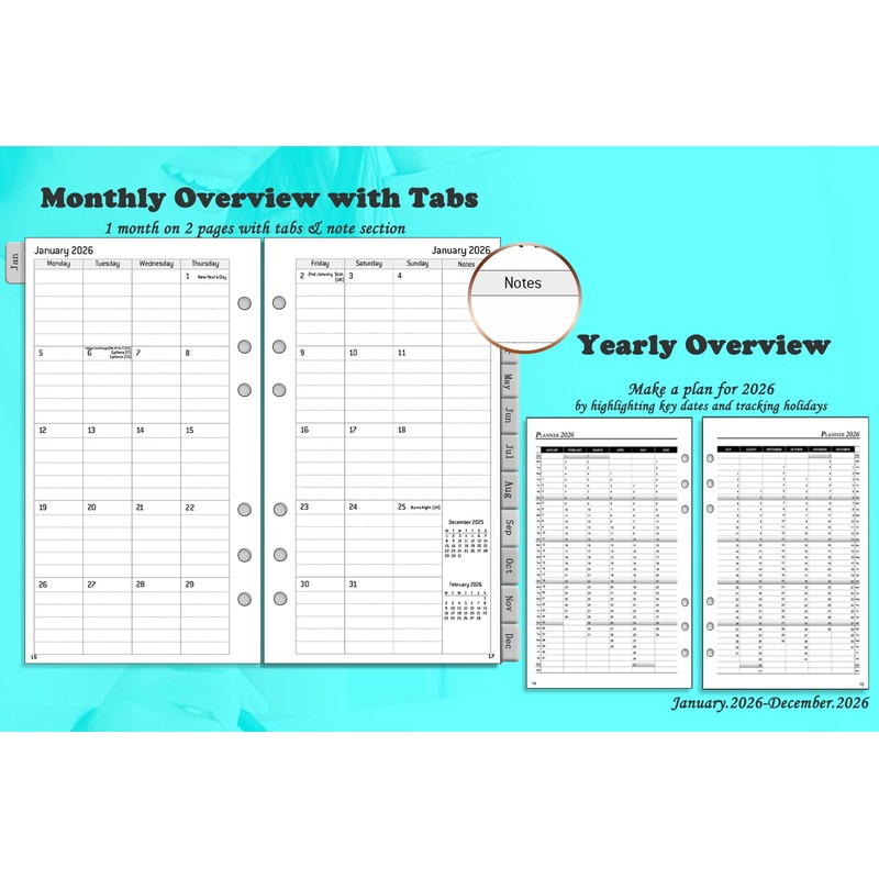 2026 Weekly Planner Insert Personal A6, 6 Holes, 1 Week