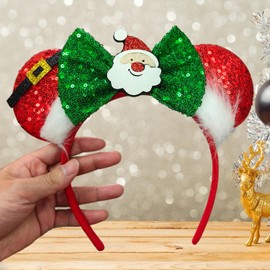 TEBWPIY Christmas Headbands - Santa Claus Design, Shiny Green Bows, Mouse Ears Headbands for Girls Women, Hair Decoration, Hair Accessories, One Size Fits Most, Red and Green