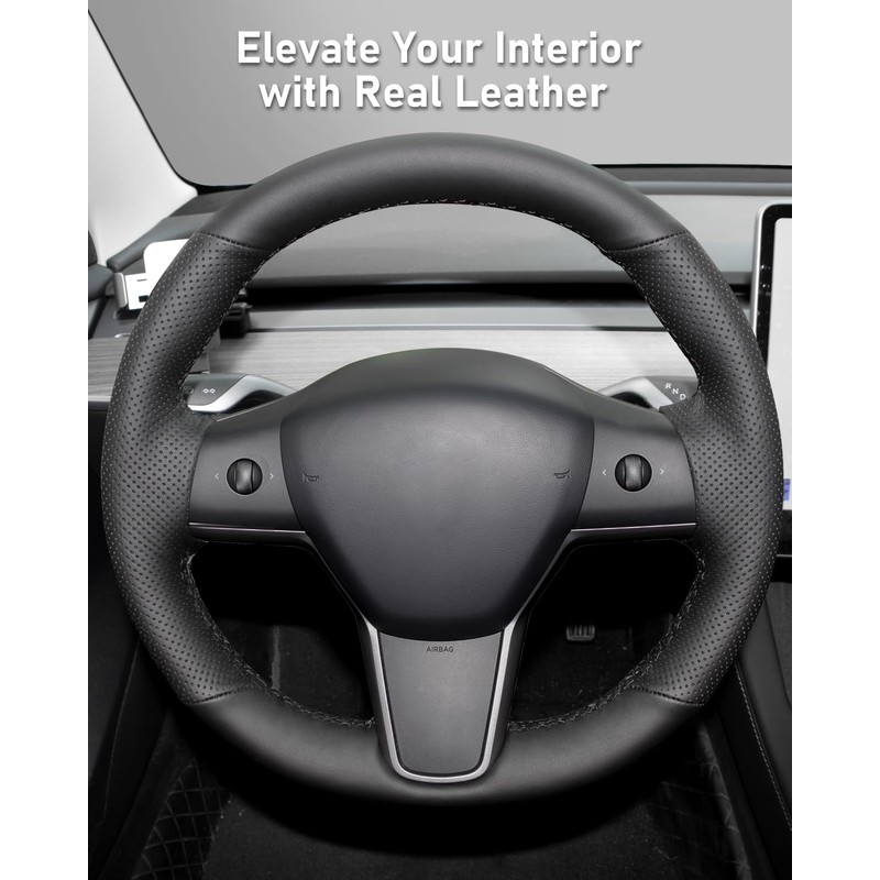 Belinous Leather Steering Wheel Cover Lace Up, Genuine Leather Hand
