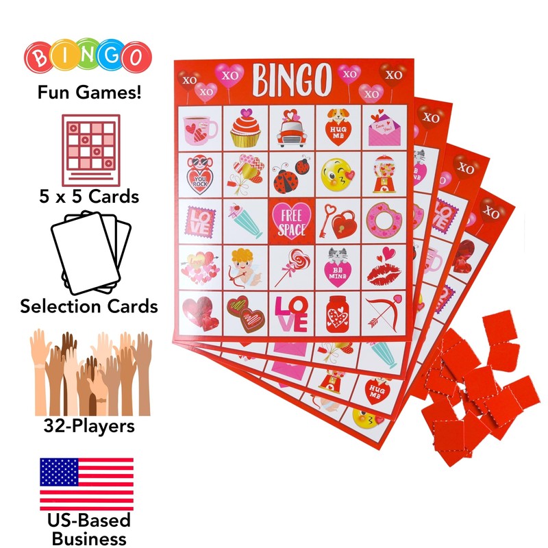 Iconikal Valentine's Day 32 Player Bingo Game Set Classroom Group