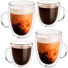 Baricoffee Set de 4 Tazas de Cafe Bonitas Set Moderno, Juego de Tazas para Cafe, Elegante, Moderna, Vidrio Doble Transparente para Capuchino, Americano, Té, 2 de 250 ml, 2 de 350 ml