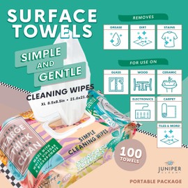Juniper CLEAN 6 Packs Surface Cleaning Wipes, Thick & Large Dispose, All-Purpose Cleaner for Bathroom, Kitchen, Office, 100 Count Soft Flow, Biodegradable, Mix Scent