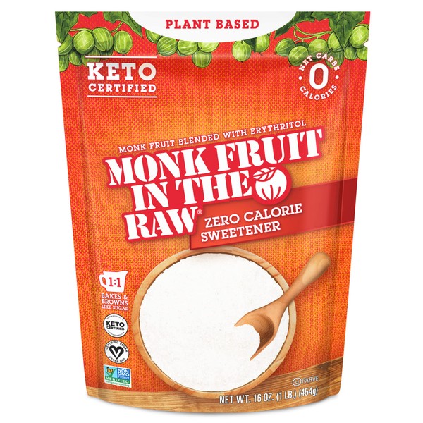 MONK FRUIT IN THE RAW, All Natural Monk Fruit Sweetener w/ Erythritol, Sugar-Free Keto Certified, Non-GMO, Gluten Free, Sugar-Free, Zero Calorie, Low Carb, Vegan, Sugar Substitute, Suitable For Diabetics, 16 oz. Baking Bag (Pack of 8)