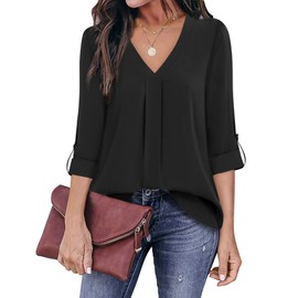 Youtalia Tunic Tops for Leggings for Women, 3/4 Sleeve Solid V Neck Casual Fitted Chiffon Blouse (XX-Large, Black)
