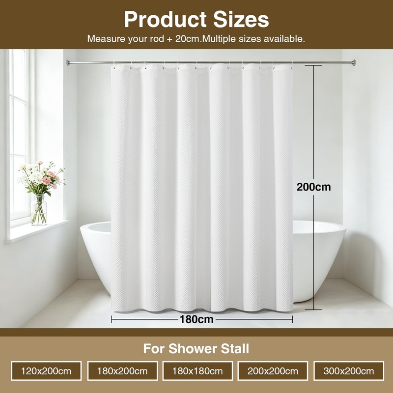 Mould Resistant White Shower Curtains with Hooks, Heavy Duty Polyester