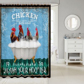 Chicken Shower Curtain for Bathroom Kids Retro Funny Farm Animal Bathroom Shower Curtain Set Girls Vintage Farmhouse Rooster Bath Curtain Blue Green Diamond Geometric Bathroom Accessories 72"x72"