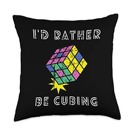 Rubiks Cube Apparel 80's Vintage Clothing Rubiks 3x3 Math Game I'd Rather Be Cubing Puzzle Throw Pillow, 18x18, Multicolor