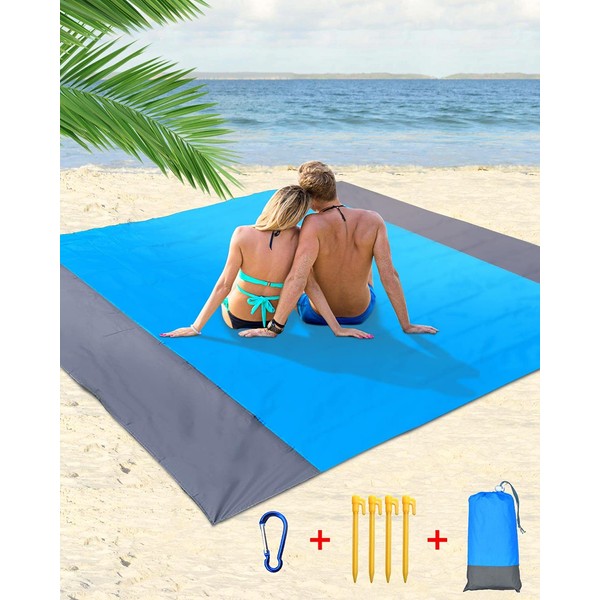 Beach Mat Picnic Blanket Waterproof – 2023 Upgraded Extra Large Beach Blanket 210 x 200cm Picnic Blanket Beach Mat with 4 Fixed Nails for Beach Camping Hiking Compact Lightweight 83 X 79in Blue