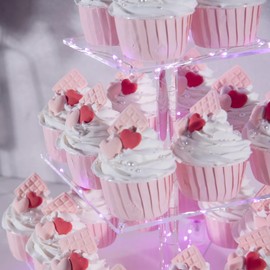 OLACHIKKO Cupcake Stand, 5-Tier Square Cupcake Holder with LED Light String, Acrylic Cupcake Tower Display-Dessert Tower-Pastry Stand-Cupcake Tier Stand for Wedding, Birthday Party (Pink Light)