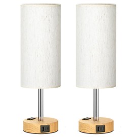 Fenmzee Small Touch Table Lamps Set of 2-3-Way Dimmable, USB A + C Charging, AC Outlet, Wood Grain Base, Bulbs Included