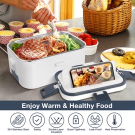 hatisan Electric Lunch Box, Portable Food Warmer, Heated Lunch Box, Lunch Containers Lunch Warmer for Adults, 60W 1.8L 12V-24V 110V 3-in-1 Portable microwave Food Heater (Gray+White)