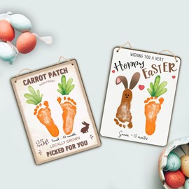 Baby's First Easter Footprint DIY Wooden Hanging Sign, Baby's 1st Easter Art Craft Gifts, My First Holiday Milestone Signs, Bunny Carrot Wishing You A Hoppy Easter Footprint Art Craft, School Activity