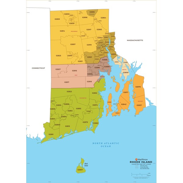 Rhode Island ZIP Code Map with Counties - Standard -