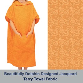 ALLEN & MATE Kids Hooded Towel Poncho 100% Cotton Wrap Robe for Boys and Girls Beach Swimming Bathing, Orange Dolphin