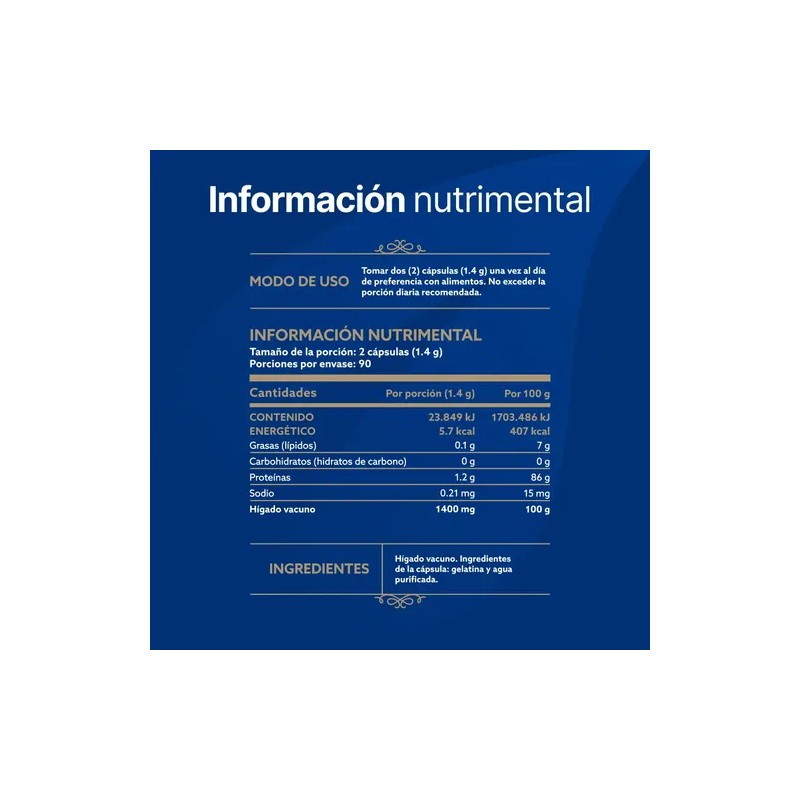 Hígado Vacuno De Res 180 Cápsulas 1400 Mg. B Life