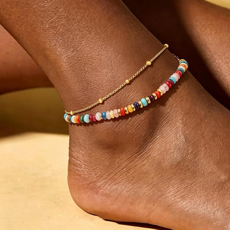 Hclian 2 PCS Natural Stone Beaded Anklets for Women Stainless