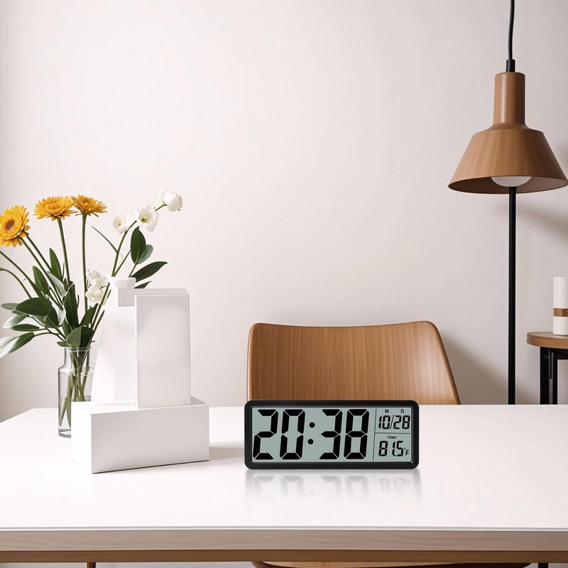 Silent Digital Wall Clock, with Large LED Temperature Display, Portable