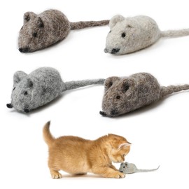 MEWOOFUN Wool Cat Mouse Toys, 4 Packs Handmade Wool Felt Mouse Cat Toy without Catnip, Safe Quiet Cat Toys for Indoor Cats and Kittens (Grey/White/Brown)