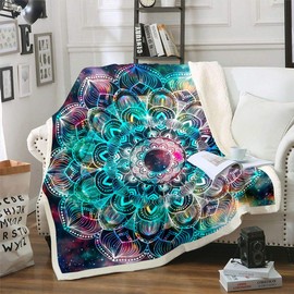 Loussiesd Mandala Fleece Throw Blanket Galaxy Boho Mandala Plush Blanket for Sofa Bed Abstractative Exotic Floral Sherpa Blanket Stars Starry Sky Fuzzy Blanket Bright Single 50x60 Inch