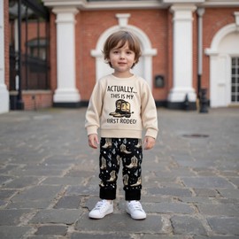 VSQWLZT My First Rodeo Outfit Infant Toddler Baby Boy Long Sleeve Shirts with Pants 2Pcs Western Winter Clothes (Apricot, 12-18 Months)